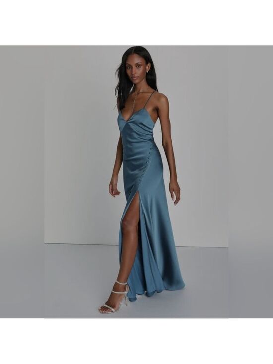 Lulus Dresses & Skirts - Lulus | Extraordinary Allure Slate Blue Satin Backless Maxi Dress | Size S
